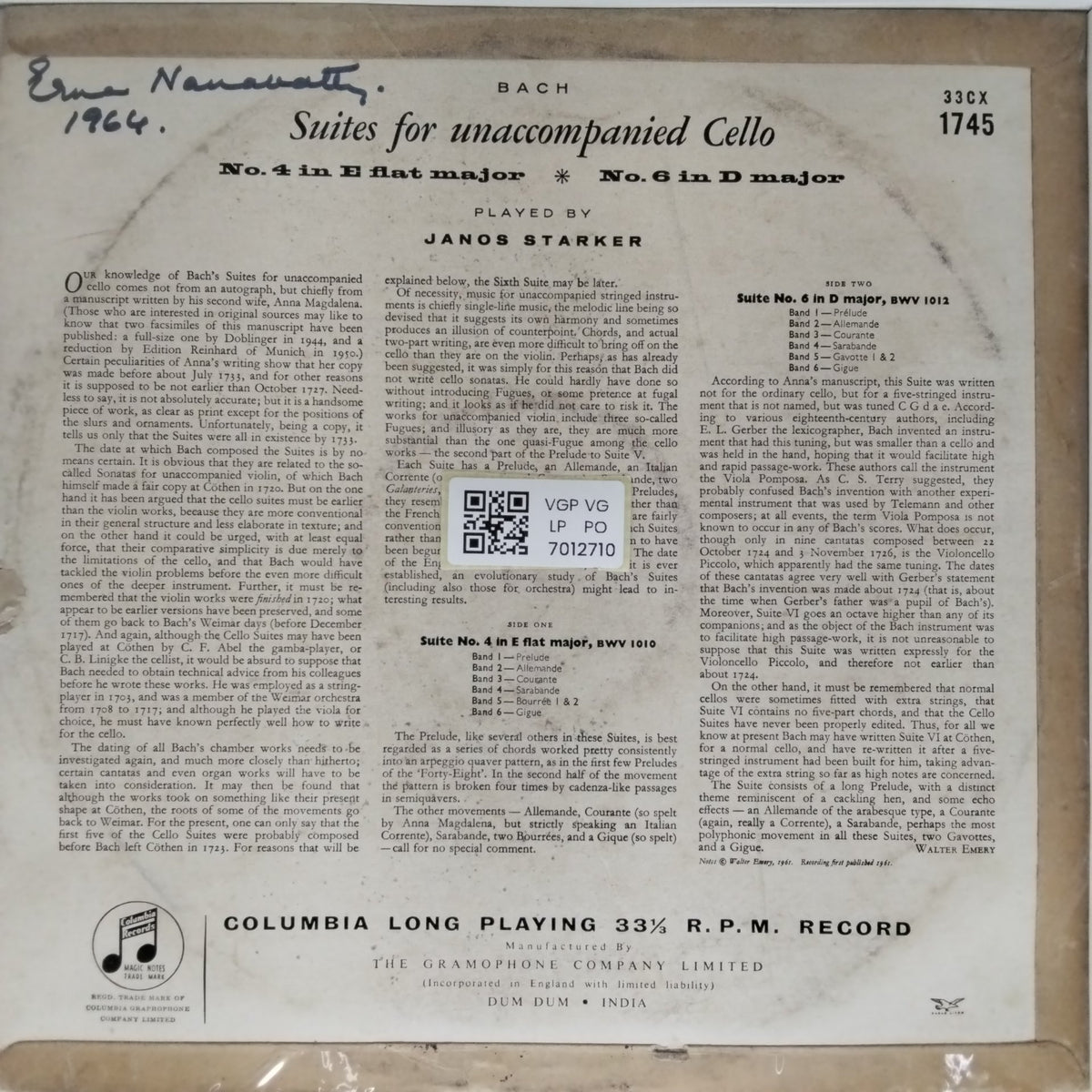 Janos Starker - Suites for Unaccompanied Cello No. 4 in E Flat Major & No. 6 in D Major (Vinyl)