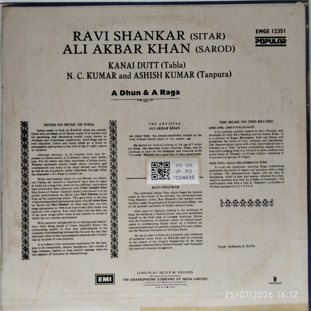Ravi Shankar, Ali Akbar Khan - A Dhun & A Raga (Vinyl)