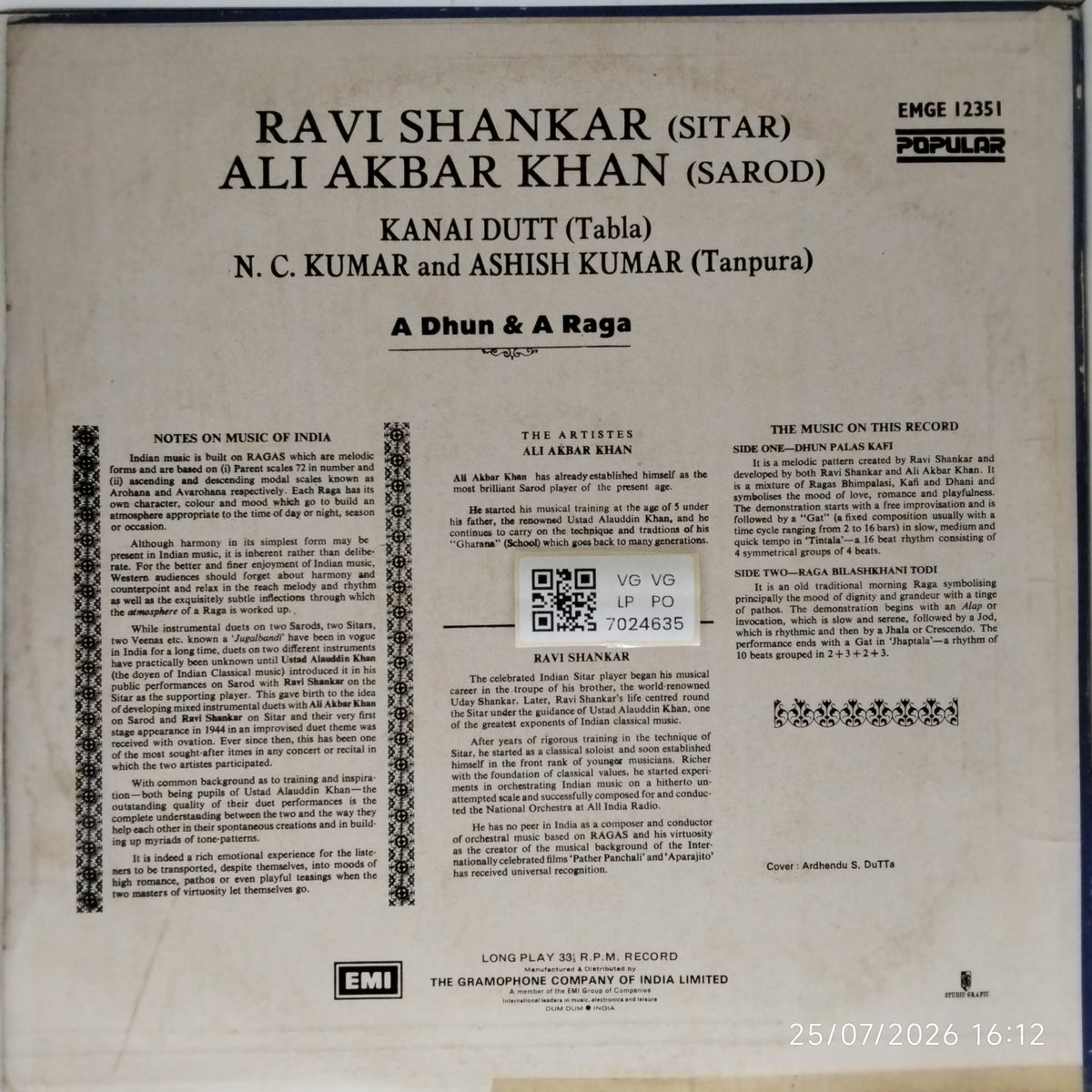 Ravi Shankar, Ali Akbar Khan - A Dhun & A Raga (Vinyl)