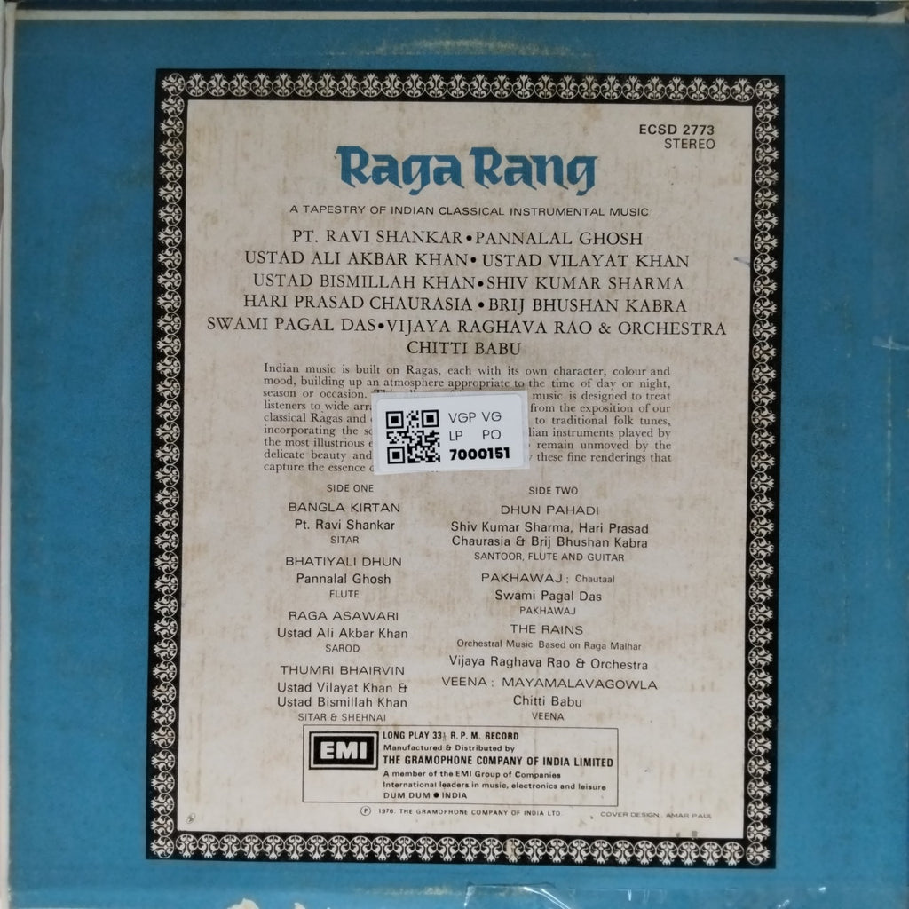 Pt. Ravi Shankar, Pannalal Ghosh, Ustad Ali Akbar Khan, Ustad Vilayat Khan, Ustad Bismillah Khan, Shiv Kumar Sharma, Hari Prasad Chaurasia, Brij Bhushan Kabra, Swami Pagal Das, Vijaya Raghava Rao & Orchestra, Chitti Babu - Raga Rang (Vinyl)