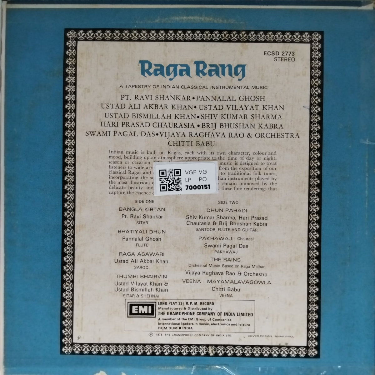 Pt. Ravi Shankar, Pannalal Ghosh, Ustad Ali Akbar Khan, Ustad Vilayat Khan, Ustad Bismillah Khan, Shiv Kumar Sharma, Hari Prasad Chaurasia, Brij Bhushan Kabra, Swami Pagal Das, Vijaya Raghava Rao & Orchestra, Chitti Babu - Raga Rang (Vinyl)