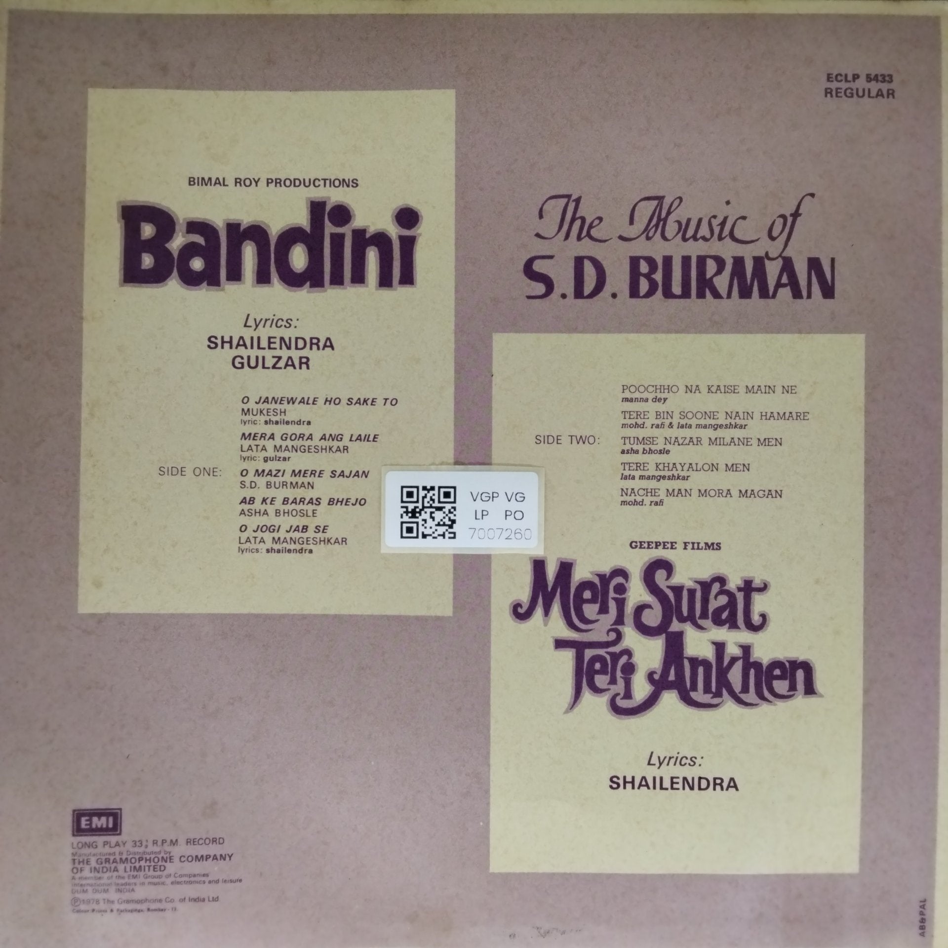 S.D. Burman - Bandini / Meri Surat Teri Ankhen (Vinyl)
