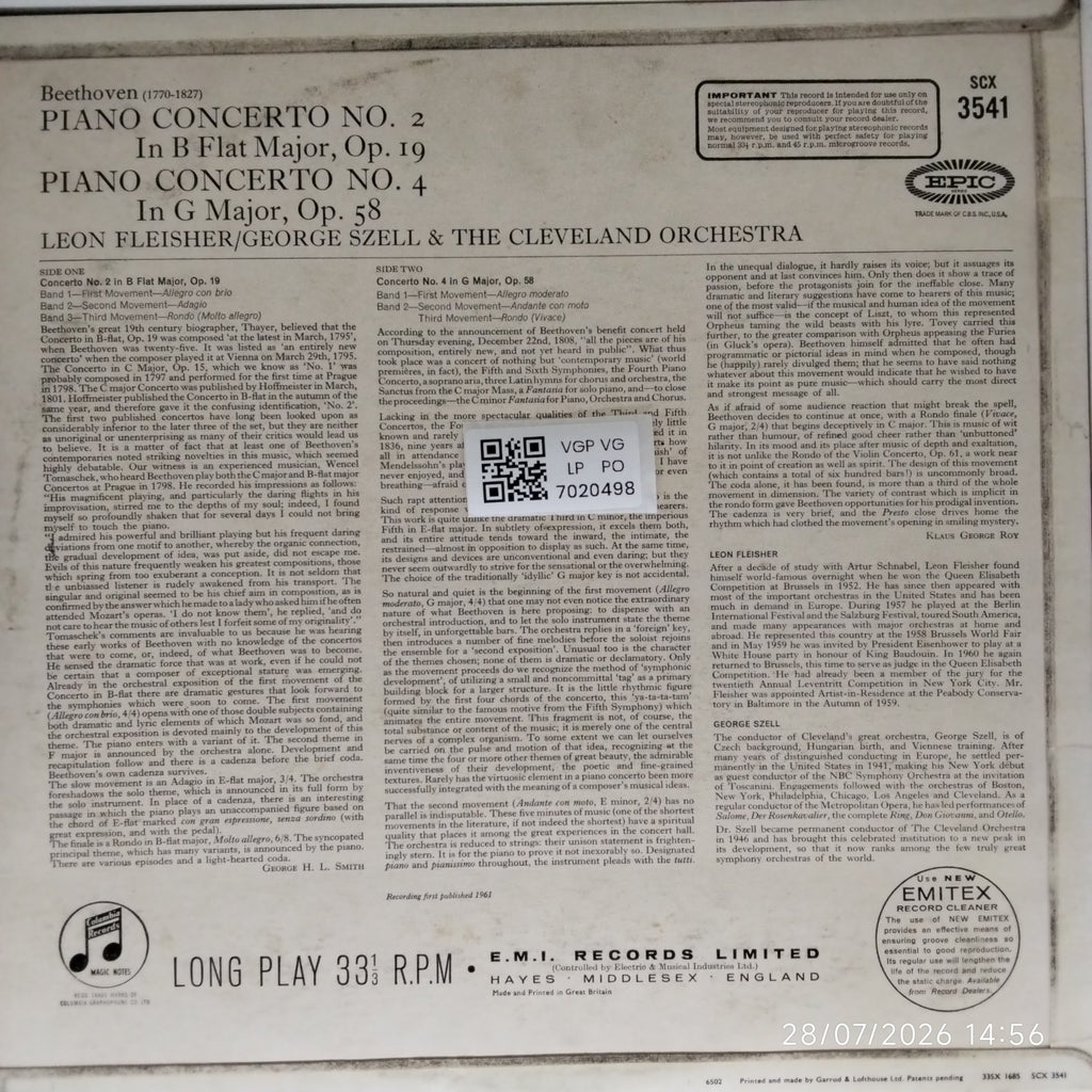 Leon Fleisher, George Szell, The Cleveland Orchestra - Beethoven: Piano Concertos No. 2 & 4 (Vinyl)