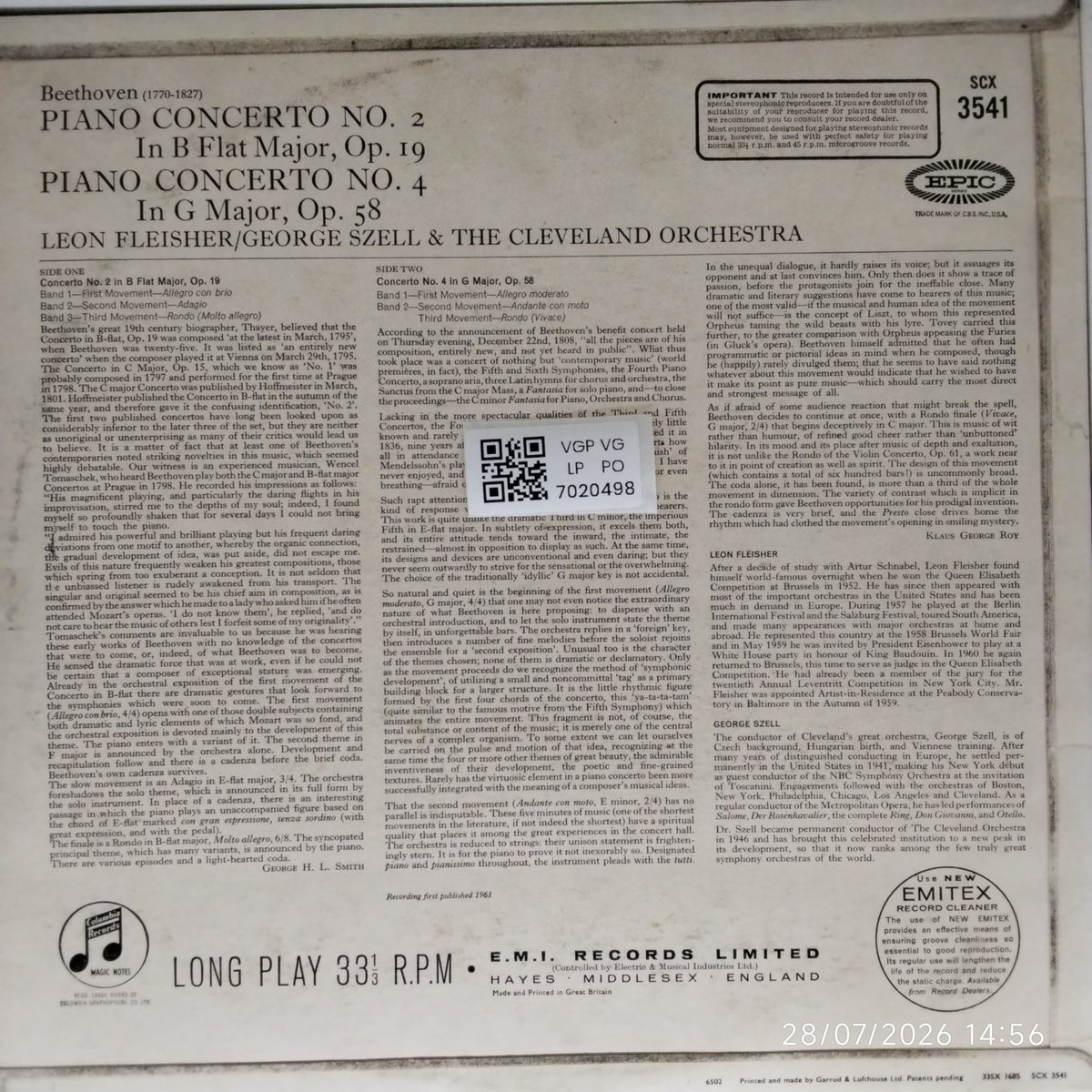 Leon Fleisher, George Szell, The Cleveland Orchestra - Beethoven: Piano Concertos No. 2 & 4 (Vinyl)