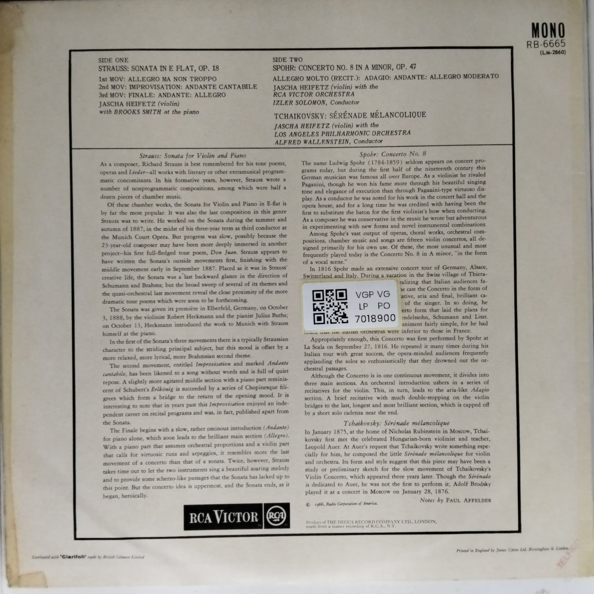 Jascha Heifetz - Richard Strauss: Sonata in E-flat (Vinyl)