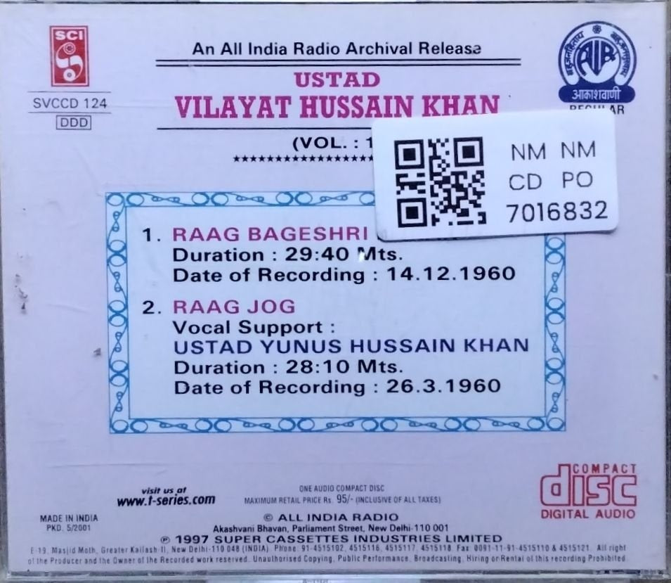 Ustad Vilayat Hussain Khan - An All India Radio Archival Release Vol 1 (CD)