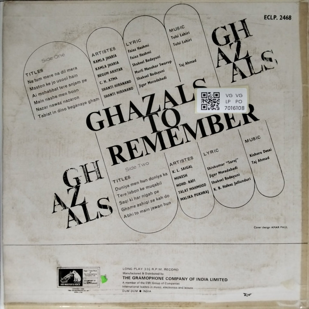 K.L. Saigal, Mukesh, Begum Akhtar, C.H. Atma, Talat Mahmood, Malika Pukhraj, Shanti Hiranand, Mohd. Rafi - Ghazals to Remember (Vinyl)