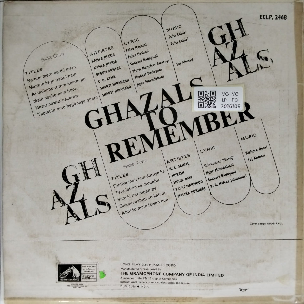 K.L. Saigal, Mukesh, Begum Akhtar, C.H. Atma, Talat Mahmood, Malika Pukhraj, Shanti Hiranand, Mohd. Rafi - Ghazals to Remember (Vinyl)