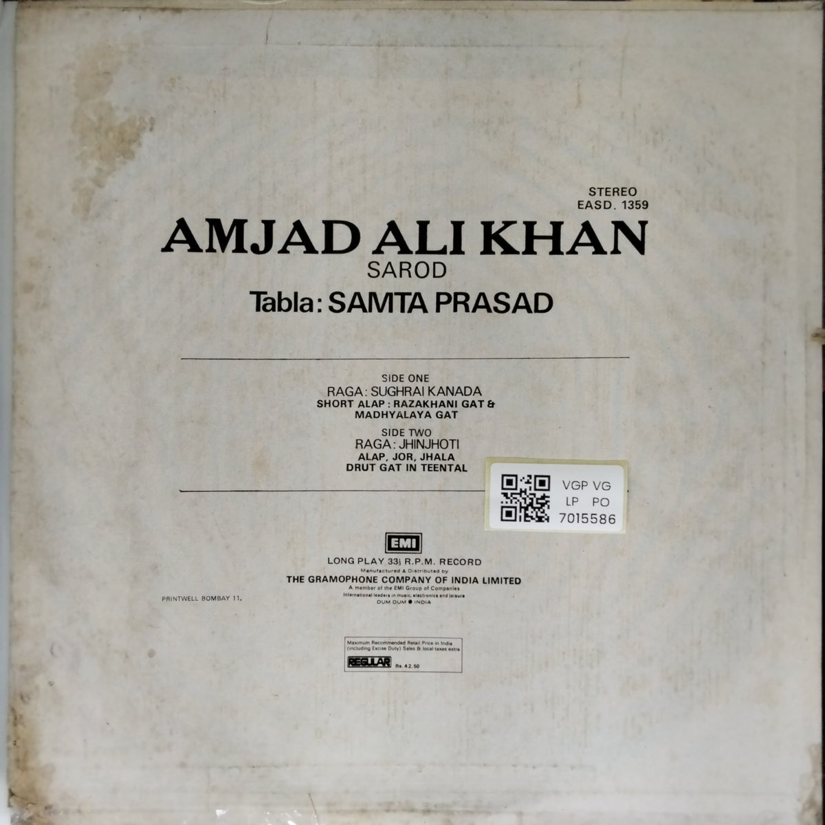 Amjad Ali Khan - Raga Sughrai Kanada, Raga Jhinjoti (Vinyl)