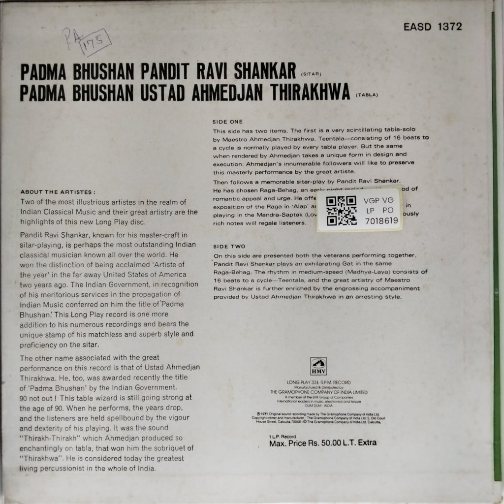 Ustad Ahmedjan Thirakhwa, Pandit Ravi Shankar - Tabla-solo Raga-Behag (Vinyl)