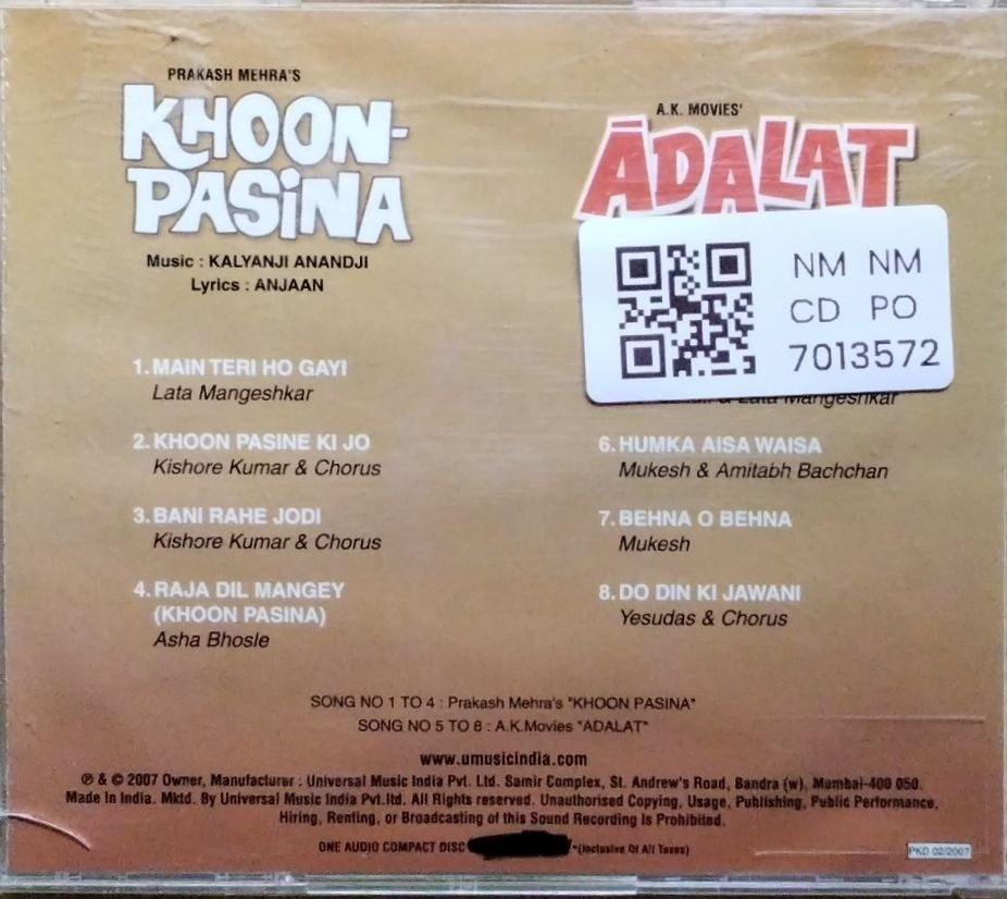Kalyanji Anandji - Khoon Pasina / Adalat (CD)