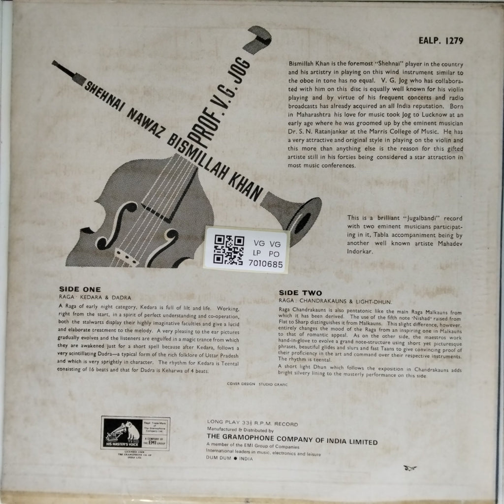 V.G. Jog, Bismillah Khan - Shennai Nawaz - Raga Kedara, Raga Chandrakauns (Vinyl)