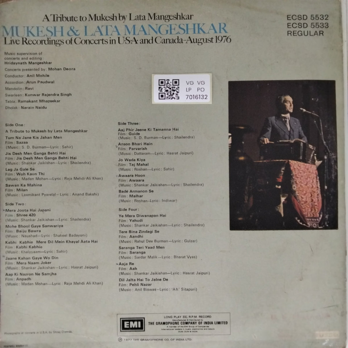 Lata Mangeshkar, Mukesh - A Tribute to Mukesh by Lata Mangeshkar: Live Recordings of Concerts in USA and Canada - August 1976 (Vinyl)