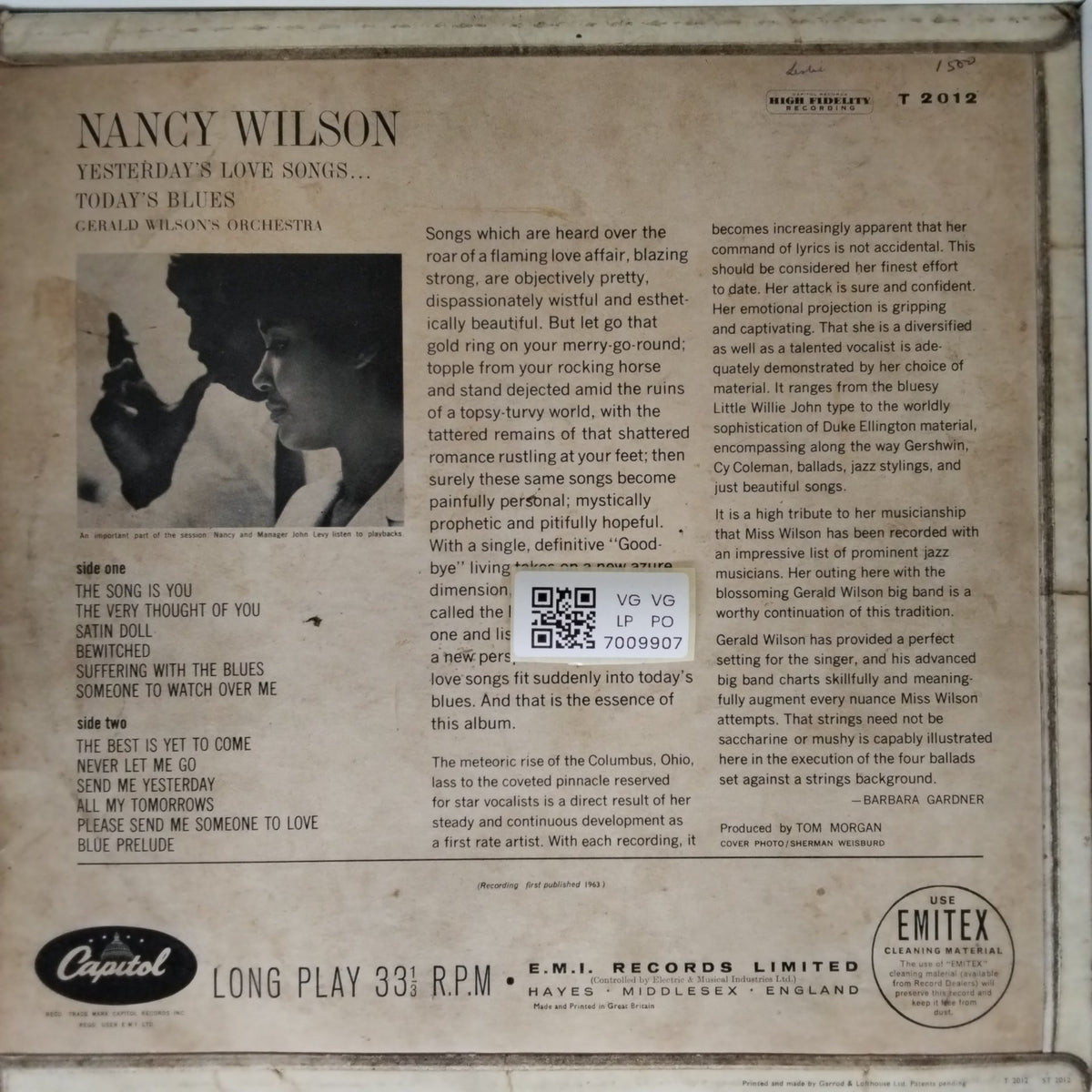Nancy Wilson, Gerald Wilson's Orchestra - Yesterday's Love Songs, Today's Blues (Vinyl)
