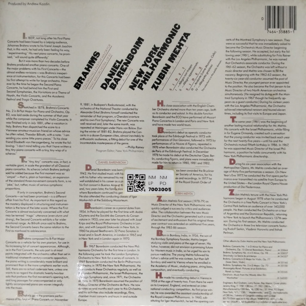 Zubin Mehta, New York Philharmonic, Daniel Barenboim - Brahms Piano Concerto No. 2 (Vinyl)