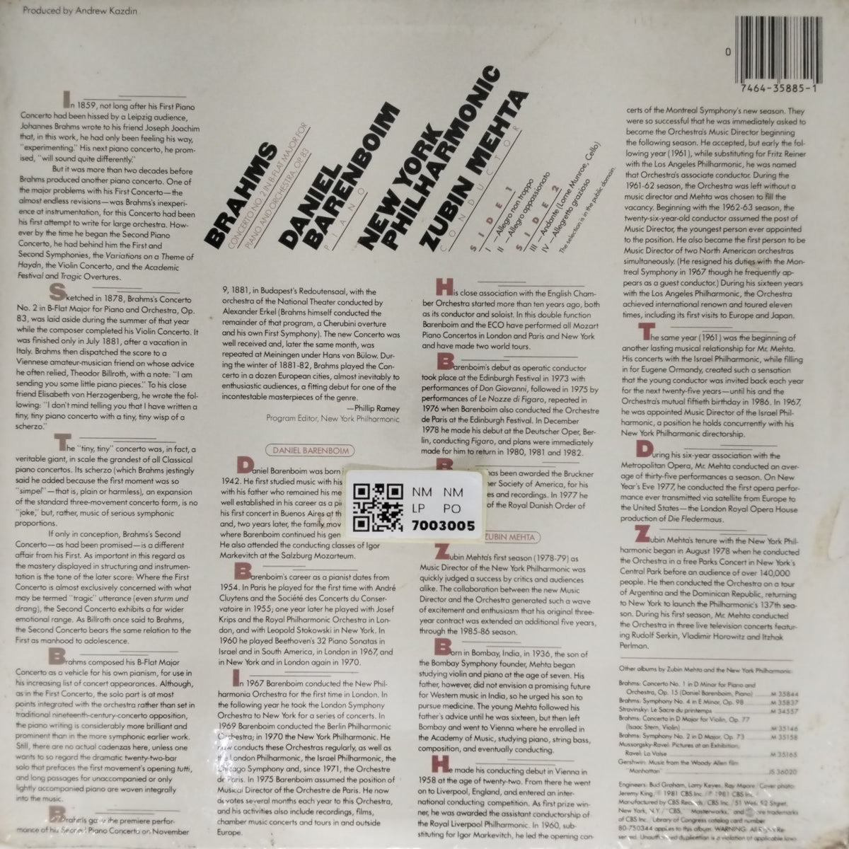 Zubin Mehta, New York Philharmonic, Daniel Barenboim - Brahms Piano Concerto No. 2 (Vinyl)