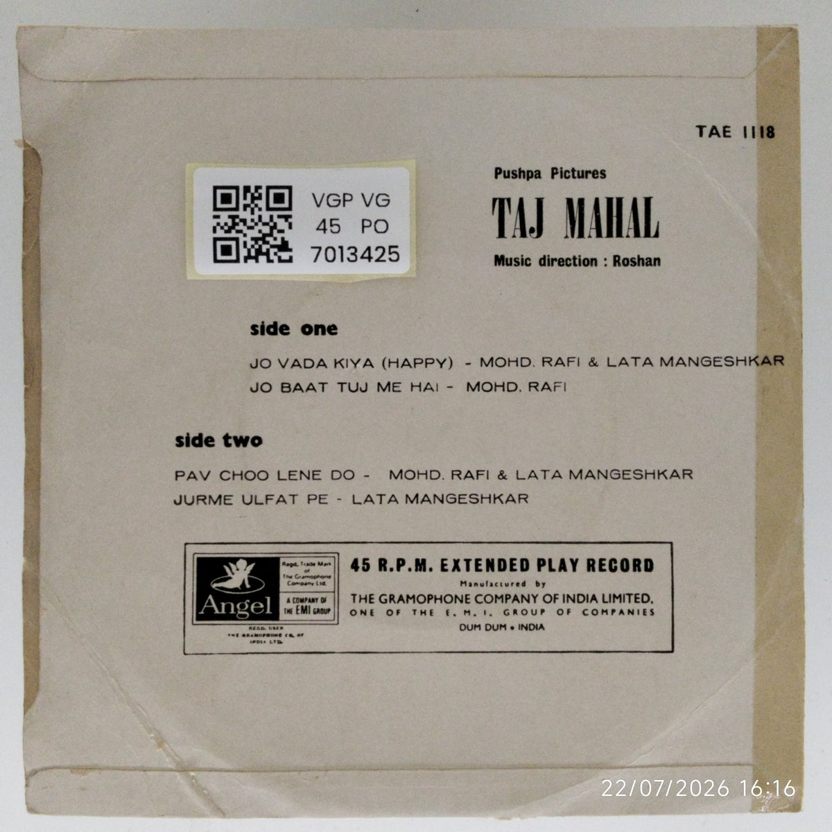 Roshan - Taj Mahal (45-RPM)