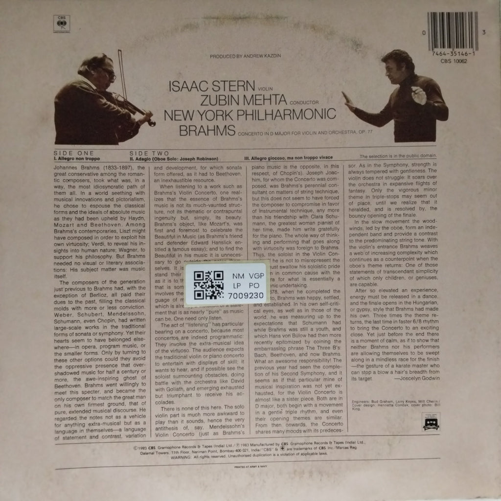Isaac Stern, Zubin Mehta, New York Philharmonic - Brahms Violin Concerto (Vinyl)