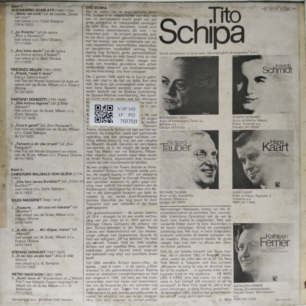Tito Schipa - Arias en duetten van: Scarlatti – Bellini – Donizetti – Gluck – Massenet en Mascagni (Vinyl)