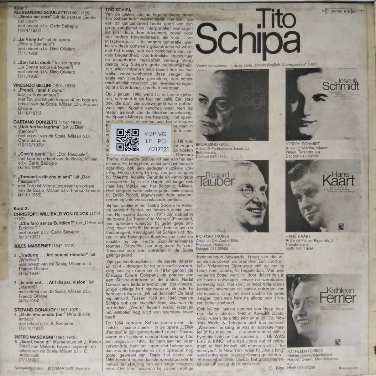 Tito Schipa - Arias en duetten van: Scarlatti – Bellini – Donizetti – Gluck – Massenet en Mascagni (Vinyl)