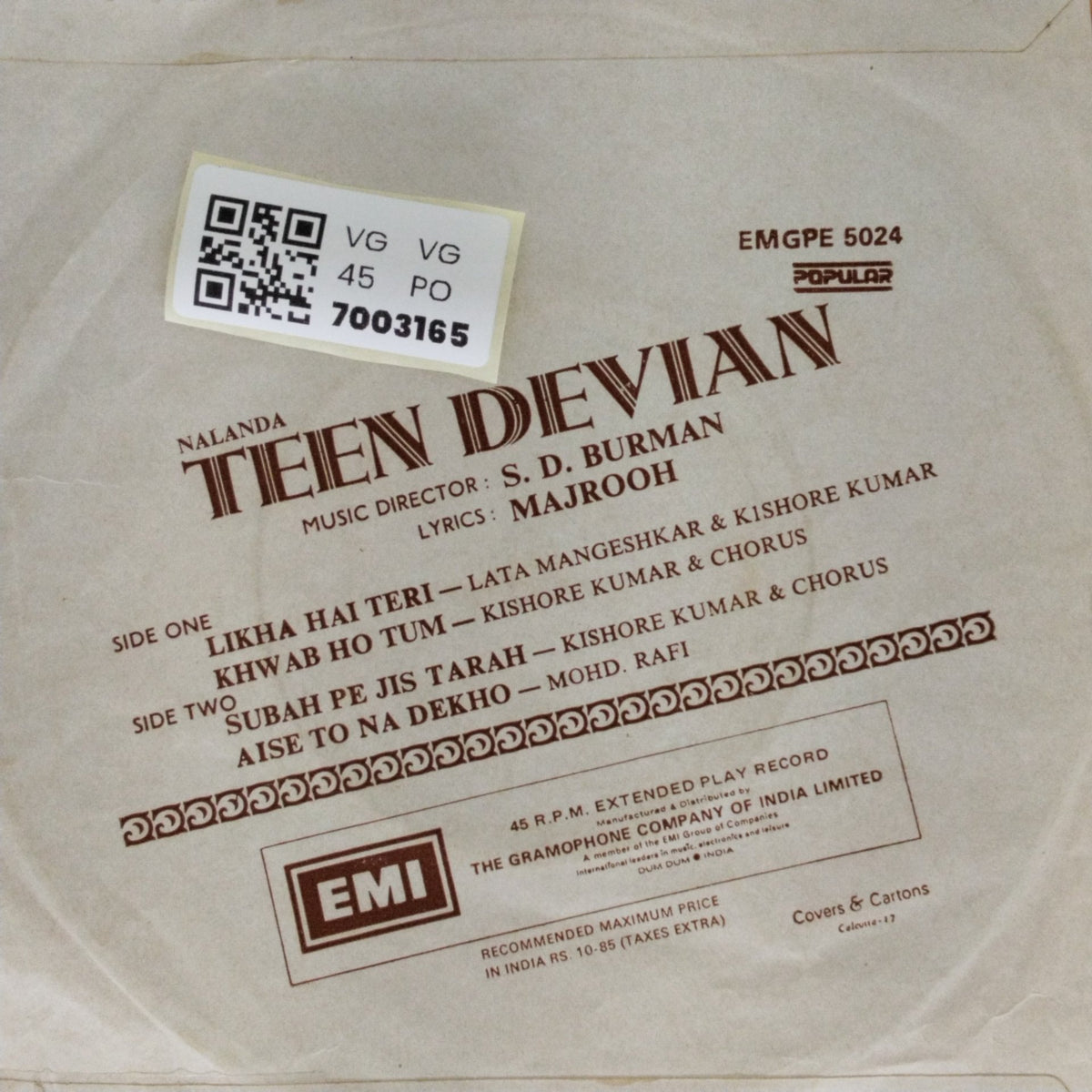S. D. Burman - Teen Devian (45-RPM)