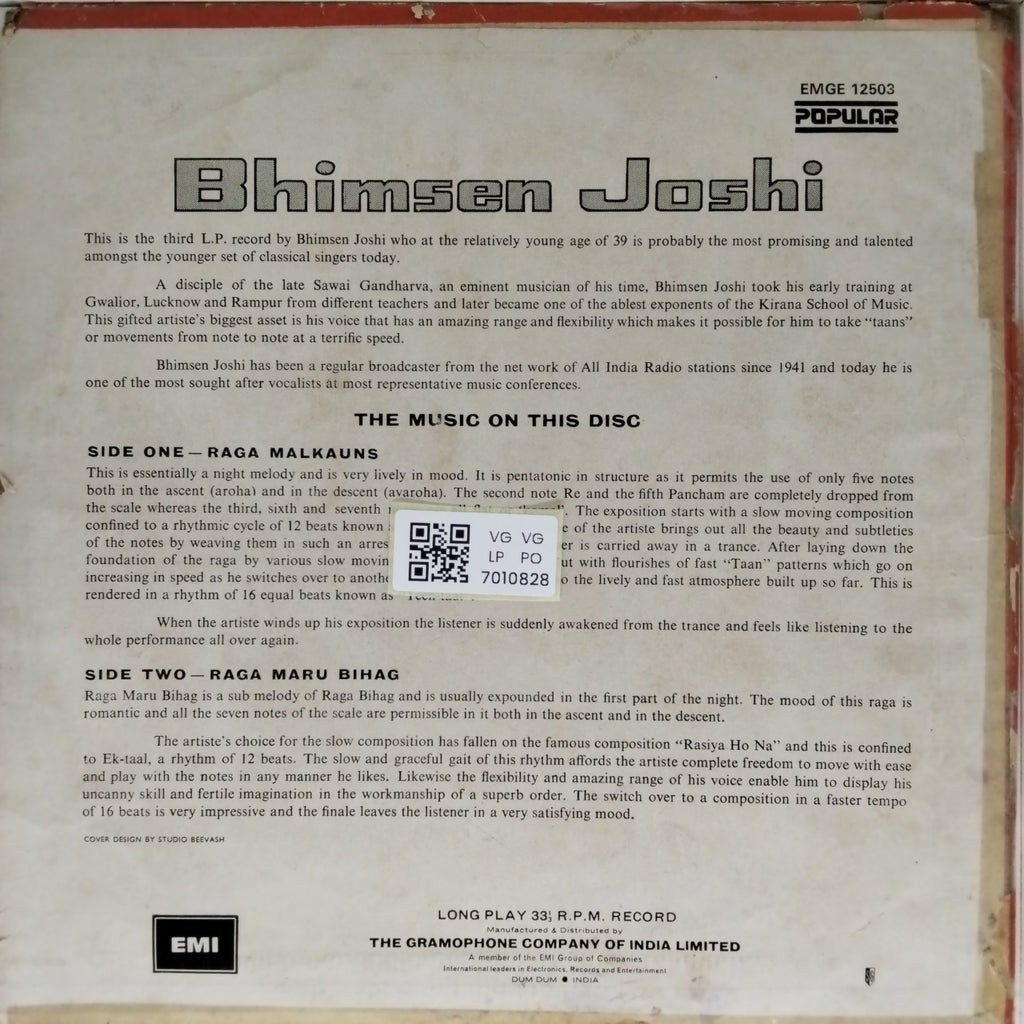 Bhimsen Joshi - Raga Malkauns Raga Marubhag (Vinyl)