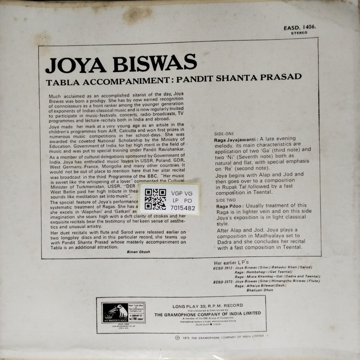 Joya Biswas - Raga Jayjaywanti / Raga Piloo (Vinyl)
