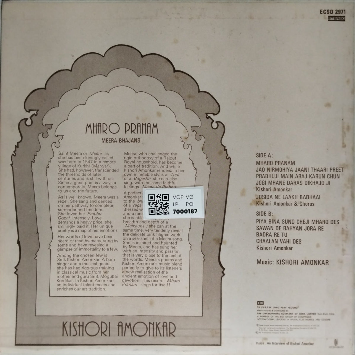 Kishori Amonkar - Mharo Pranam (Vinyl)