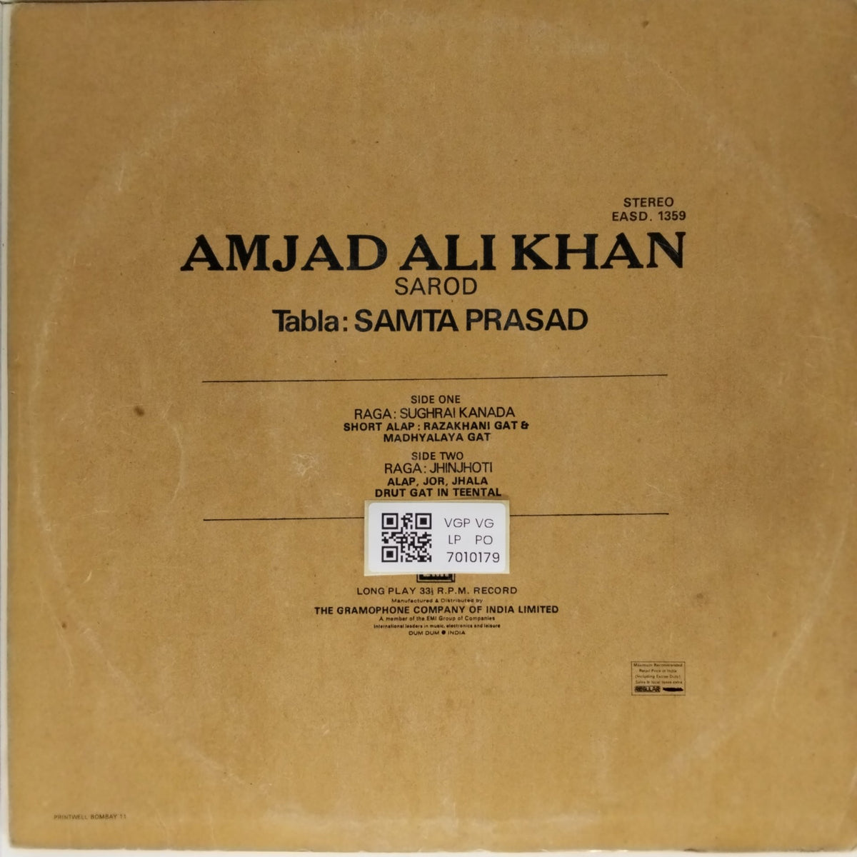 Amjad Ali Khan - Raga: Sughrai Kanada / Raga: Jhinjhoti (Vinyl)