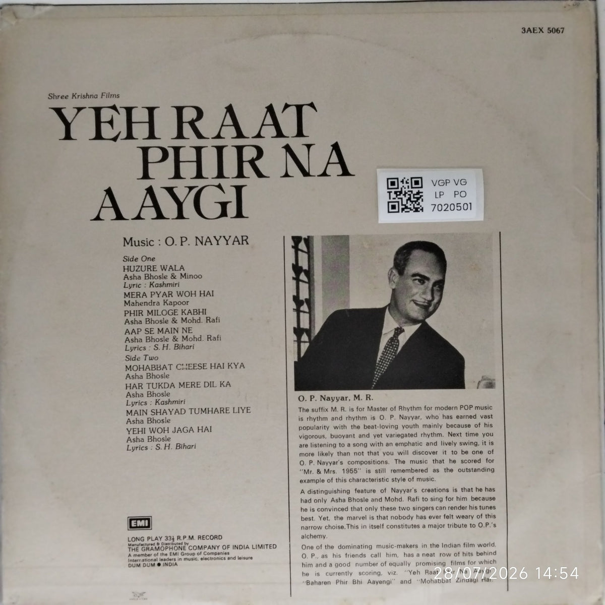 O. P. Nayyar - Yeh Raat Phir Na Aaygi (Vinyl)
