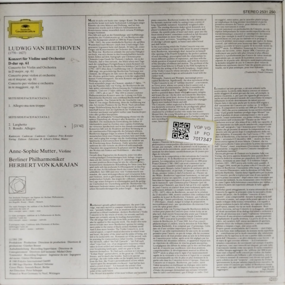 Ludwig van Beethoven, Anne-Sophie Mutter, Berliner Philharmoniker, Herbert von Karajan - Violinkonzert · Violin Concerto (Vinyl)