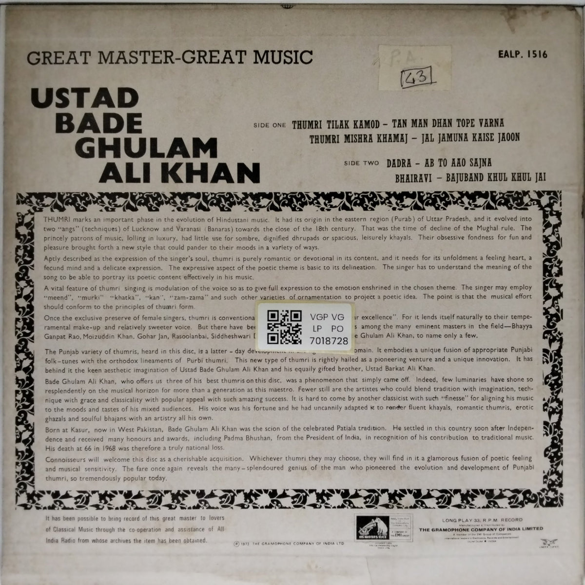 Ustad Bade Ghulam Ali Khan - Sings Thumris (Vinyl)