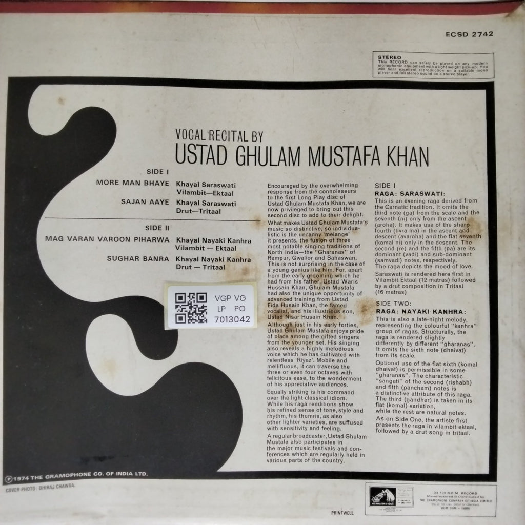 Ustad Ghulam Mustafa Khan - Vocal Recital by Ustad Ghulam Mustafa Khan (Vinyl)