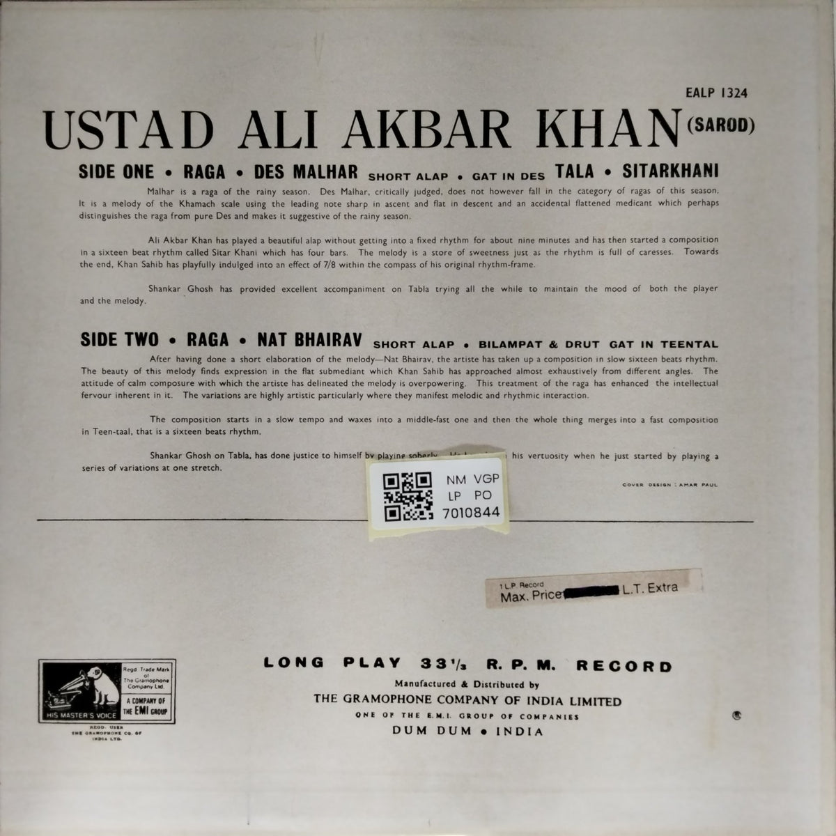 Ali Akbar Khan - Raga - Des Malhar / Raga - Nat Bhairav (Vinyl)