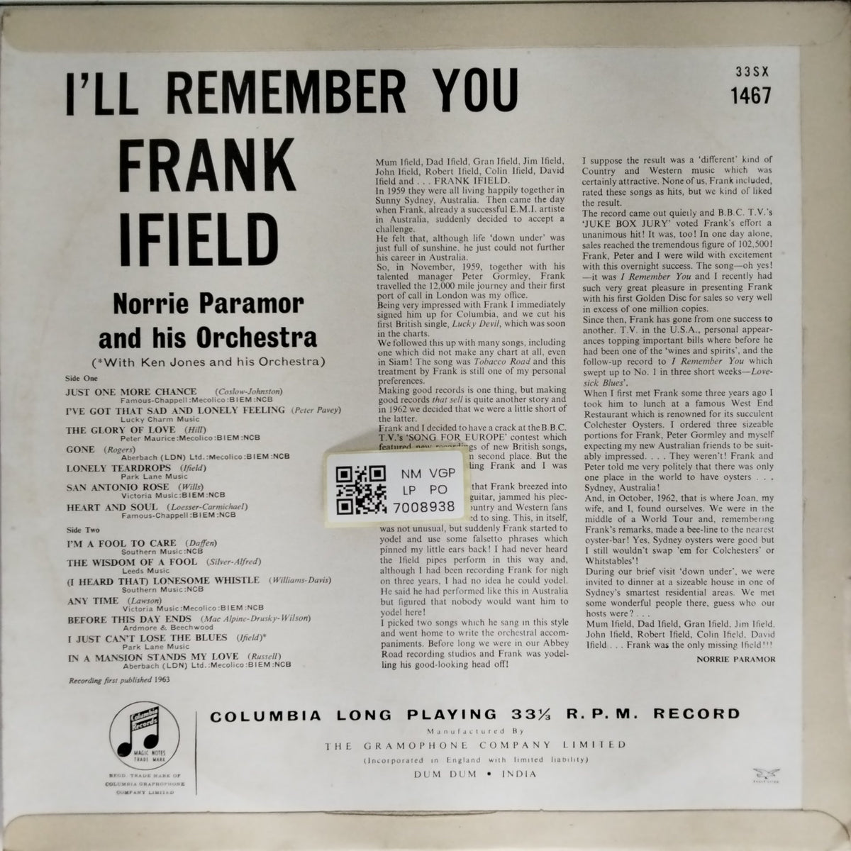 Frank Ifield, Norrie Paramor and his Orchestra - I'll Remember You (Vinyl)