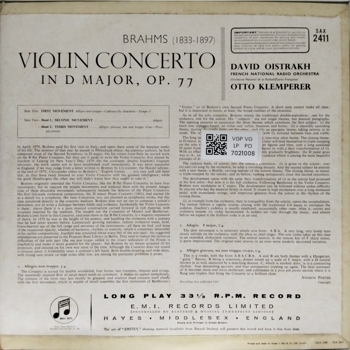 David Oistrakh, Otto Klemperer - Brahms Violin Concerto (Vinyl)