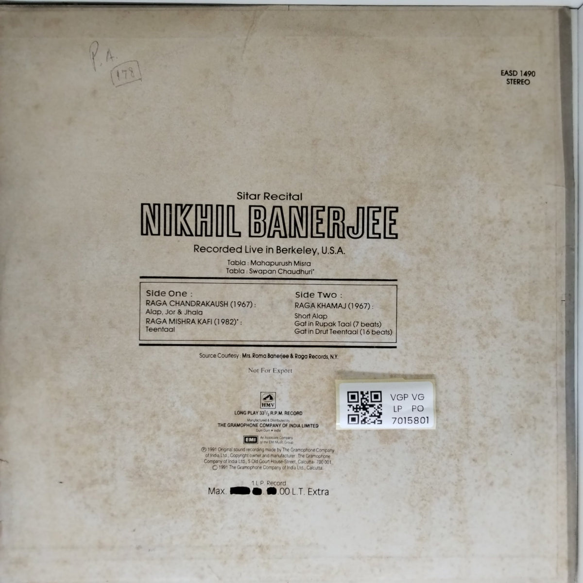 Nikhil Banerjee - Sitar Recital (Vinyl)