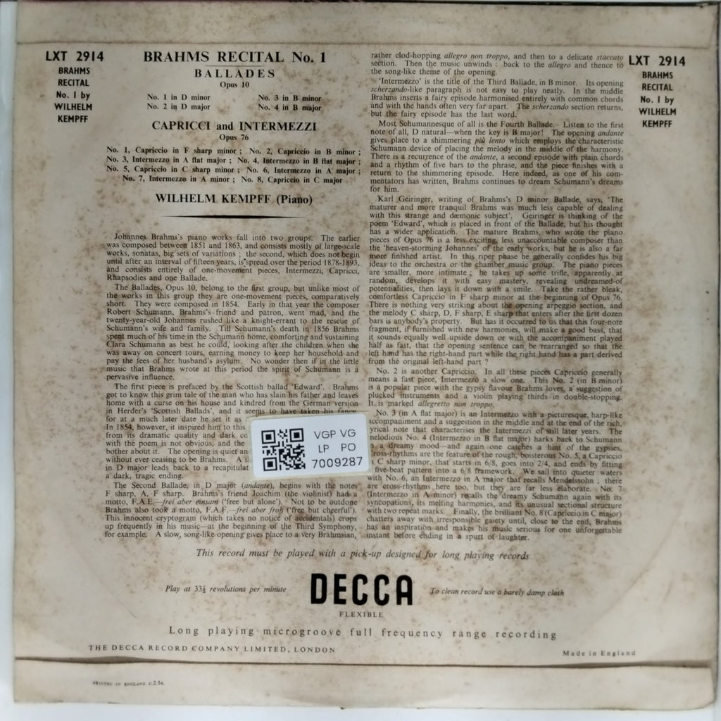 Wilhelm Kempff - Brahms Recital No. 1 (Vinyl)