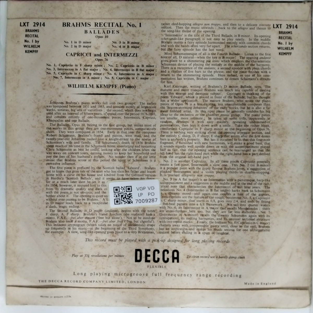 Wilhelm Kempff - Brahms Recital No. 1 (Vinyl)
