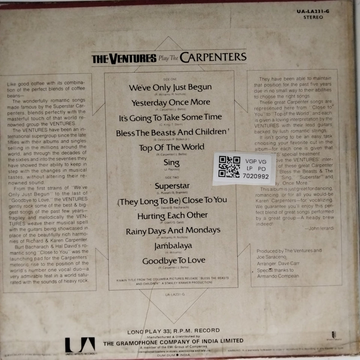 The Ventures - Play The Carpenters (Vinyl)