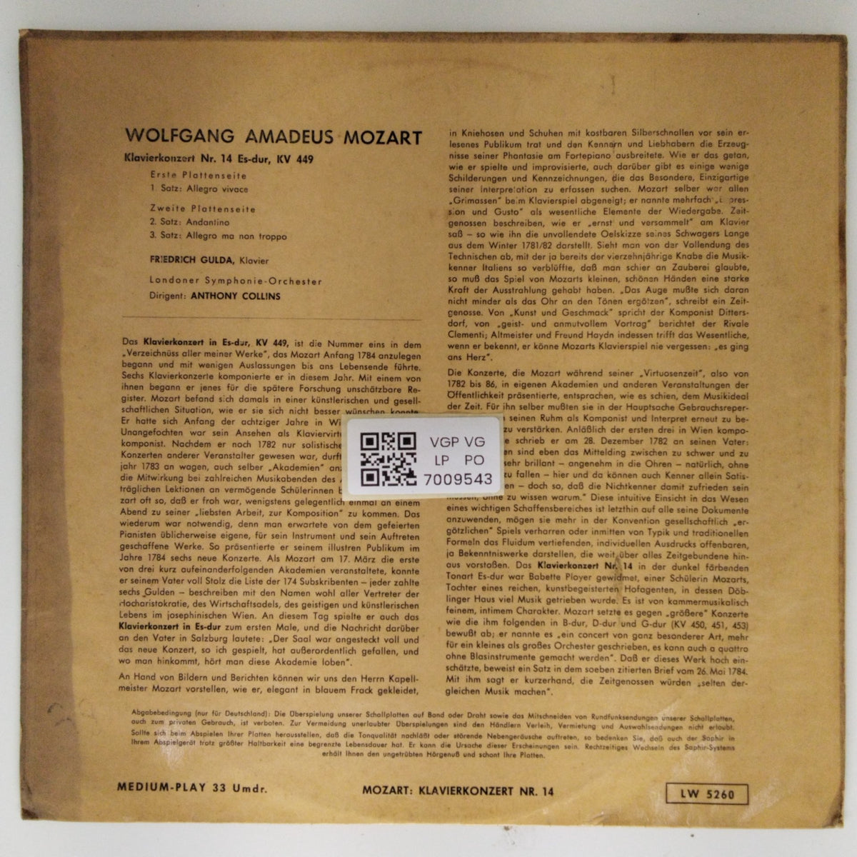 Wolfgang Amadeus Mozart, Friedrich Gulda, Anthony Collins - Klavierkonzert Nr. 14 Es-dur, KV 449 (Vinyl)