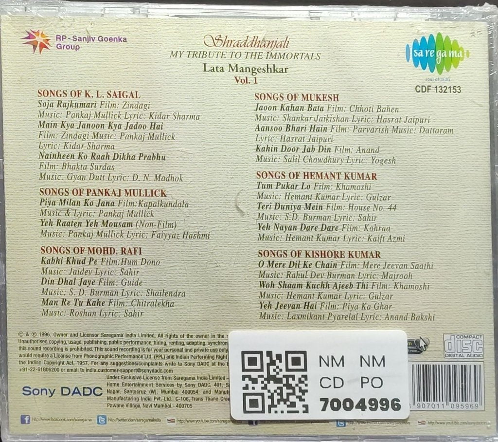 Lata Mangeshkar - Shraddhanjali: My Tribute to the Immortals Vol. 1 (CD)