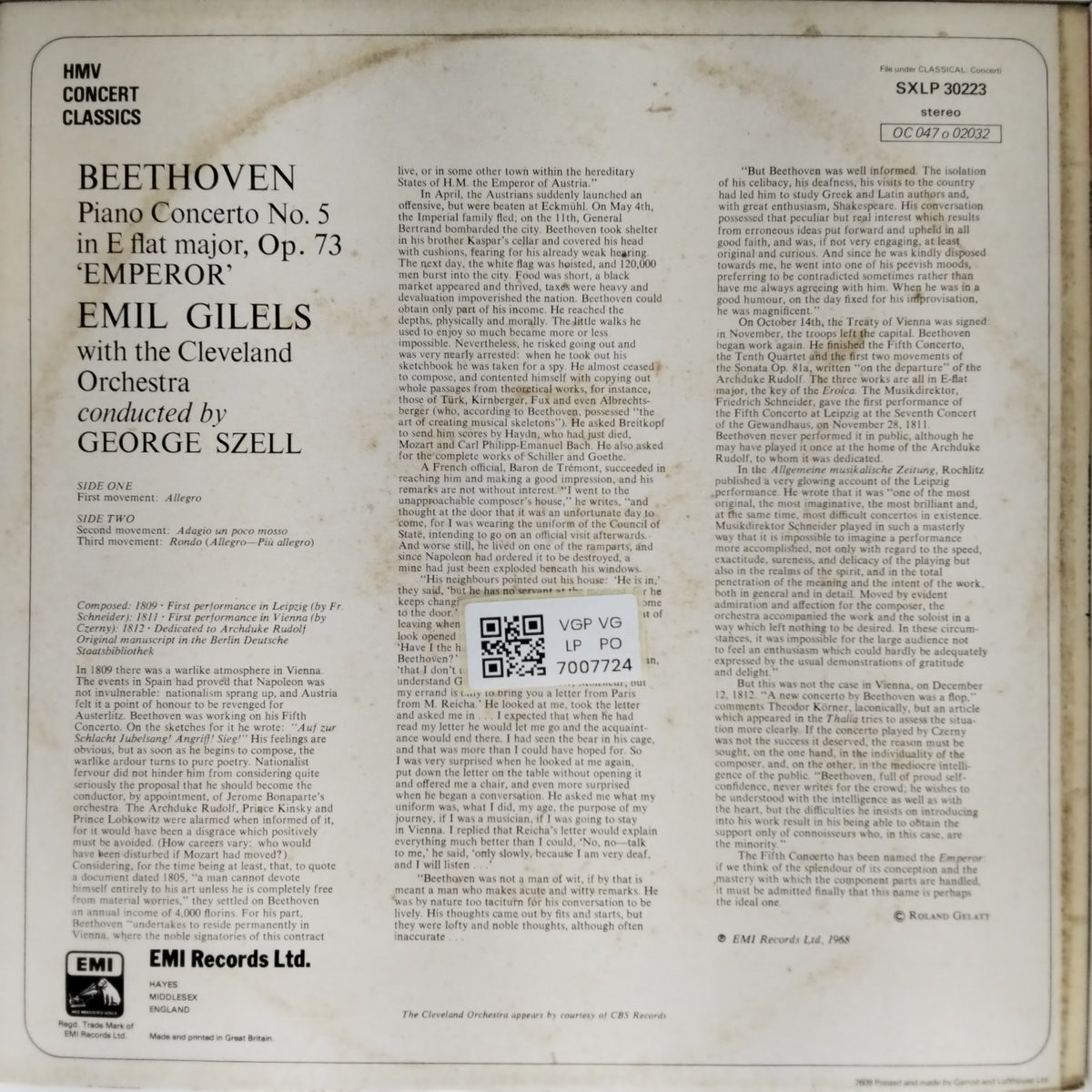 Emil Gilels, Cleveland Orchestra, George Szell - Beethoven 'Emperor' Concerto (Vinyl)