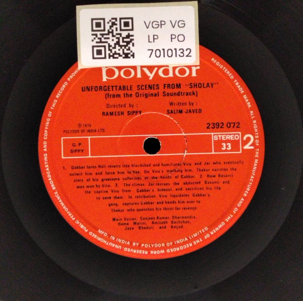 Ramesh Sippy- Unforgettable Scenes from "Sholay" (from the Original Soundtrack) (Vinyl)