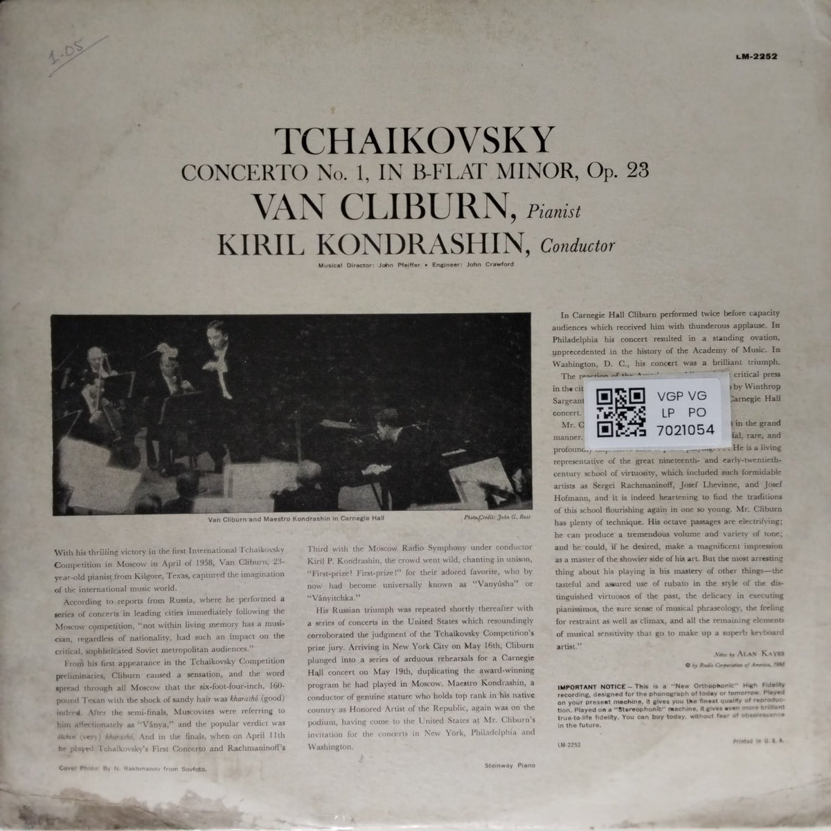 Van Cliburn, Kiril Kondrashin - Tchaikovsky Concerto No. 1 (Vinyl)