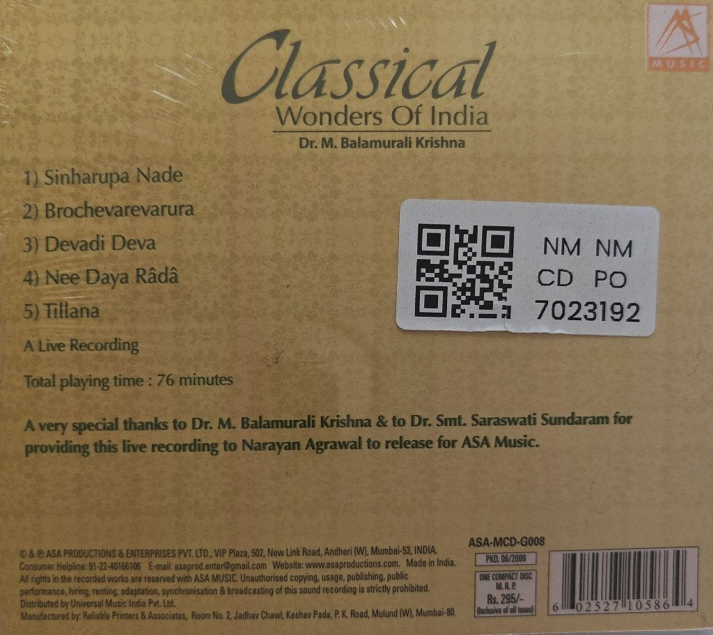 Dr. M. Balamurali Krishna - Classical Wonders Of India (CD)