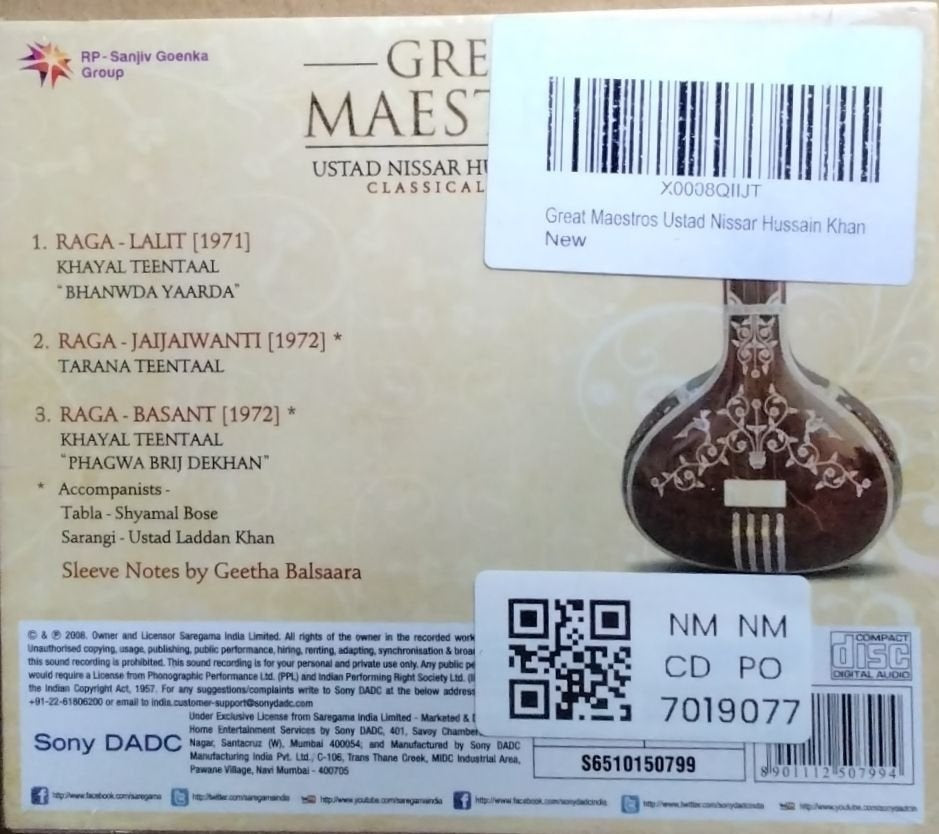 Ustad Nissar Hussain Khan - Great Maestros (CD)