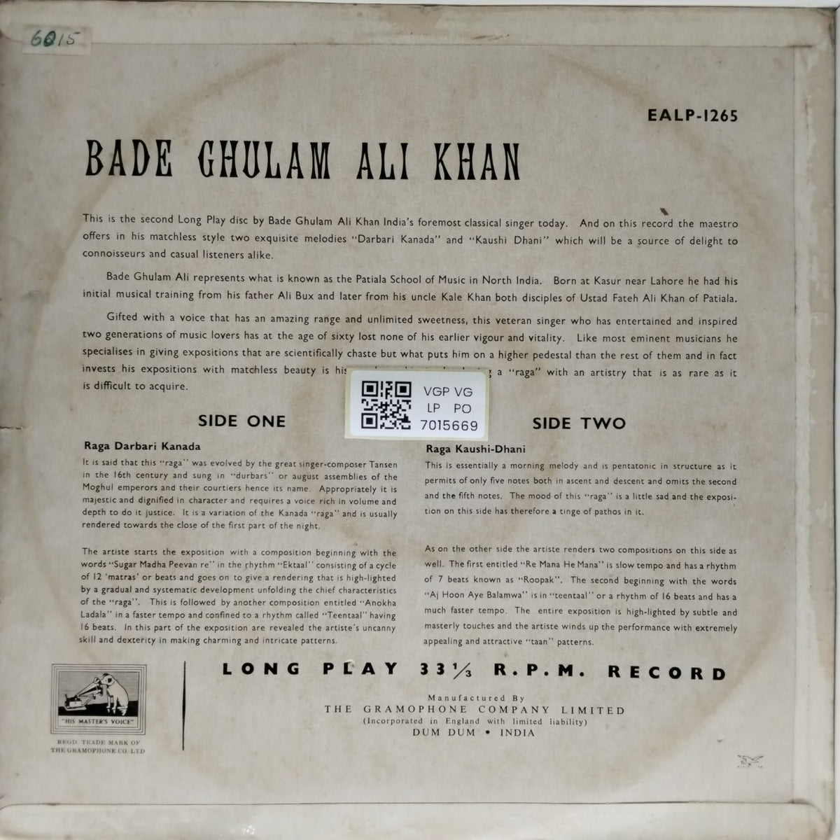 Bade Ghulam Ali Khan - Raga - Darbari Kanada / Raga - Kaushi - Dhani (Vinyl)