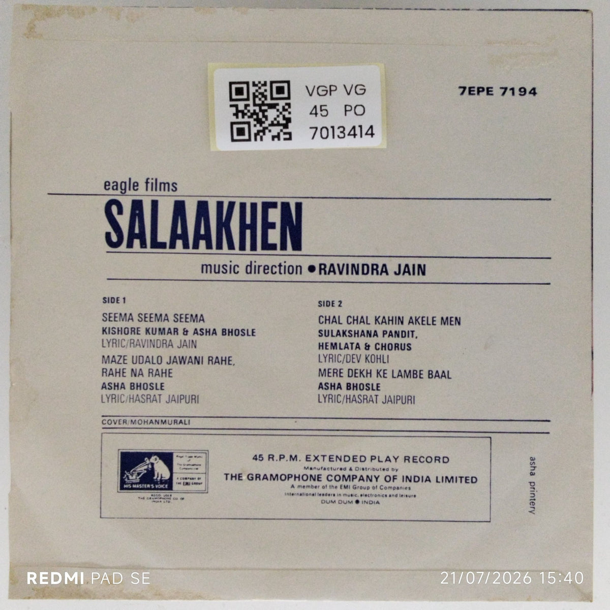 Ravindra Jain - Salaakhen (45-RPM)