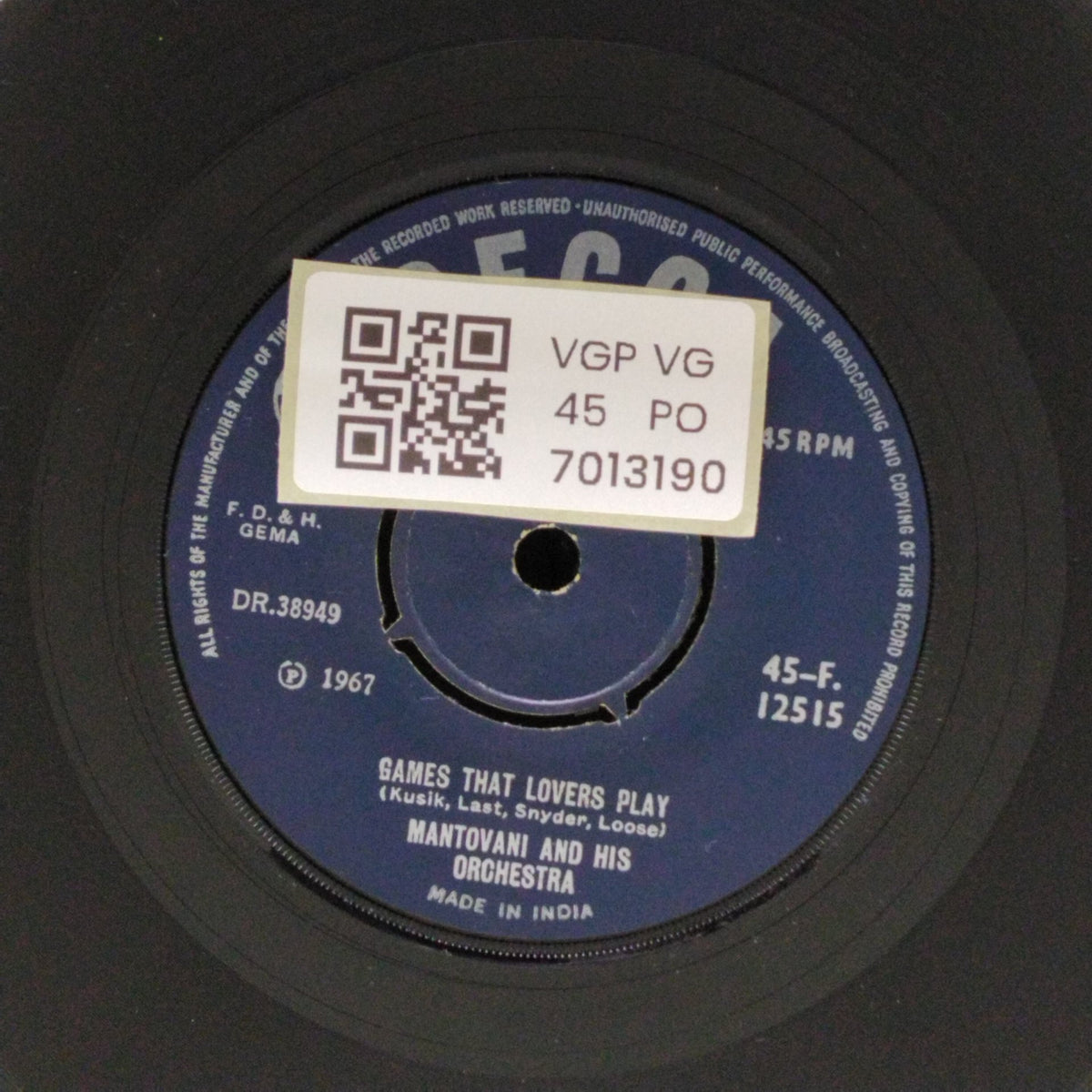 Mantovani and His Orchestra - Somewhere My Love / Games That Lovers Play (45-RPM)